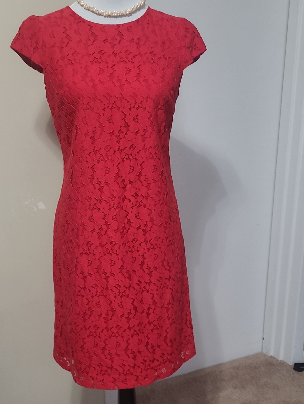 Tommy Hilfiger Red Lace Cap-Sleeve Midi Dress